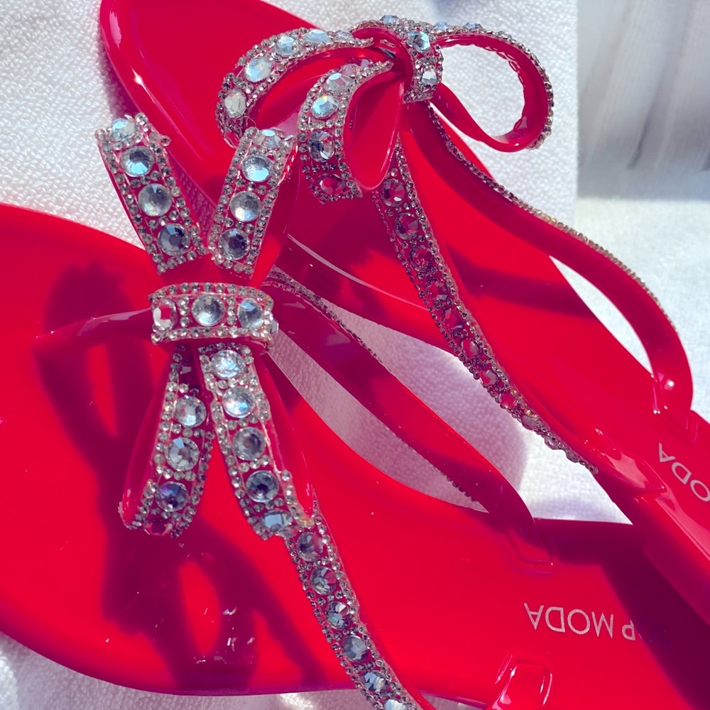 SZ 8 NWT RED RHINESTONE JELLY TOP MODA SANDAL BOW BLING - Picture 2 of 7